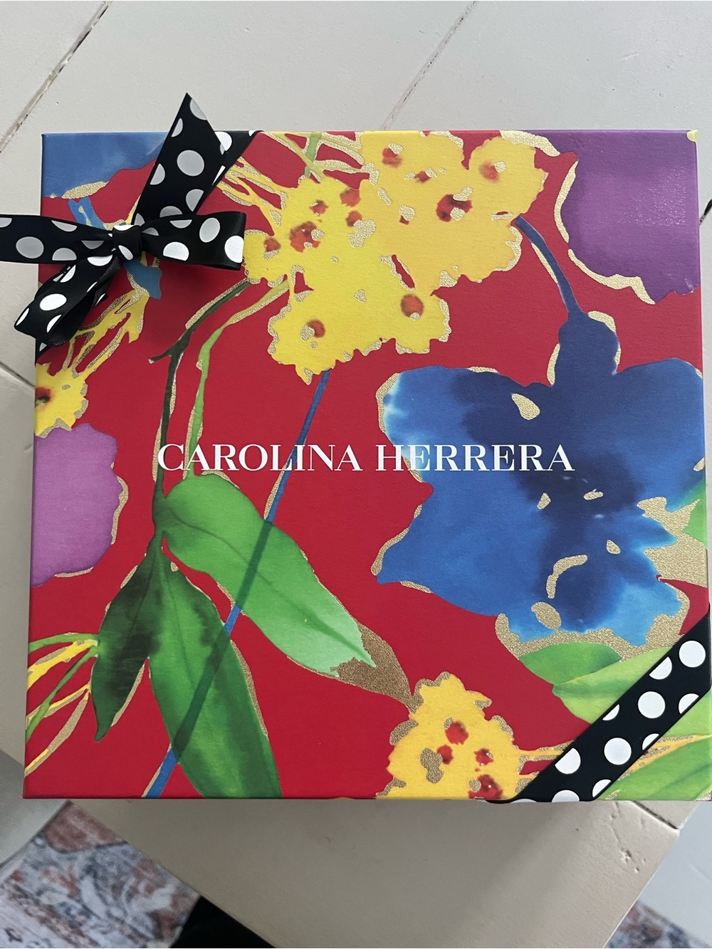 Carolina Herrera Red Floral Gift Wrap Box with Polka Dot Ribbon